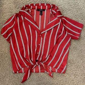 Red and white striped tied crop top